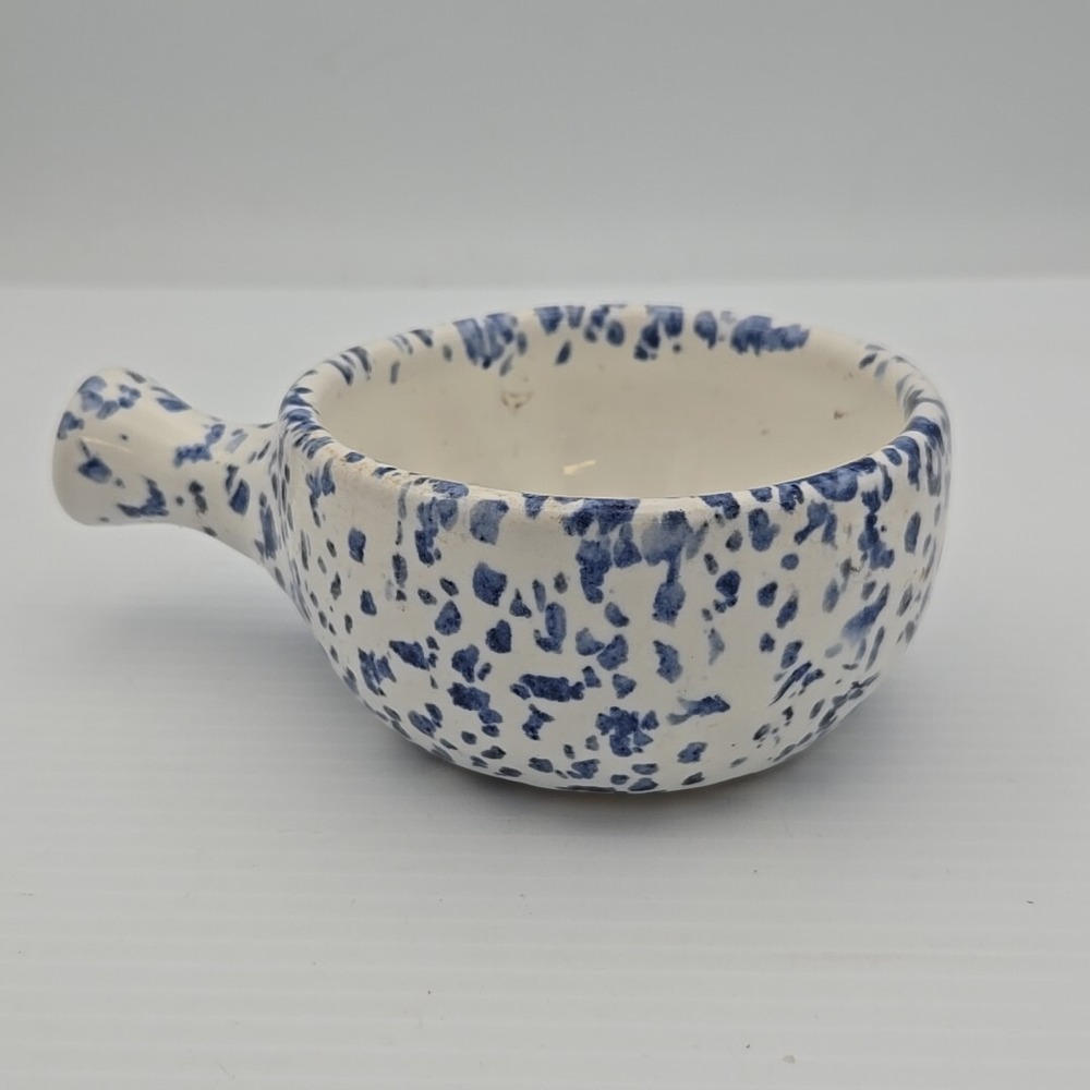 Blue Spongeware Handled Soup Bowl Dish Vintage Roseville Stoneware 8in
